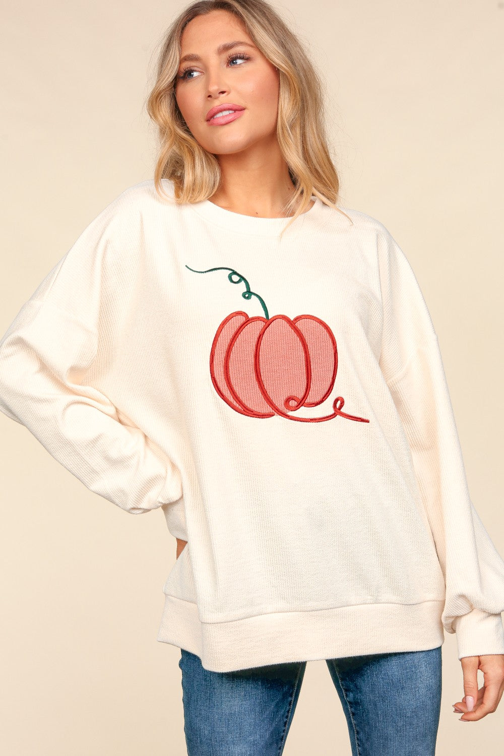 Haptics Full Size Embroidery Pumpkin Long Sleeve Knit Top-Angel Casuals