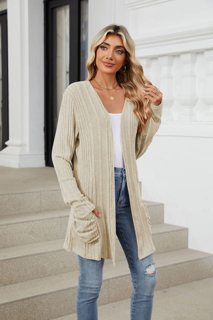 Pocketed Open Front Long Sleeve Cardigan-Angel Casuals