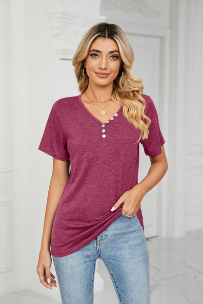 Decorative Button V-Neck T-Shirt-Angel Casuals