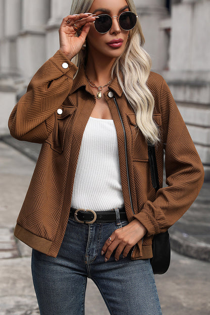 Perfee Textured Zip Up Collared Neck Jacket-Angel Casuals