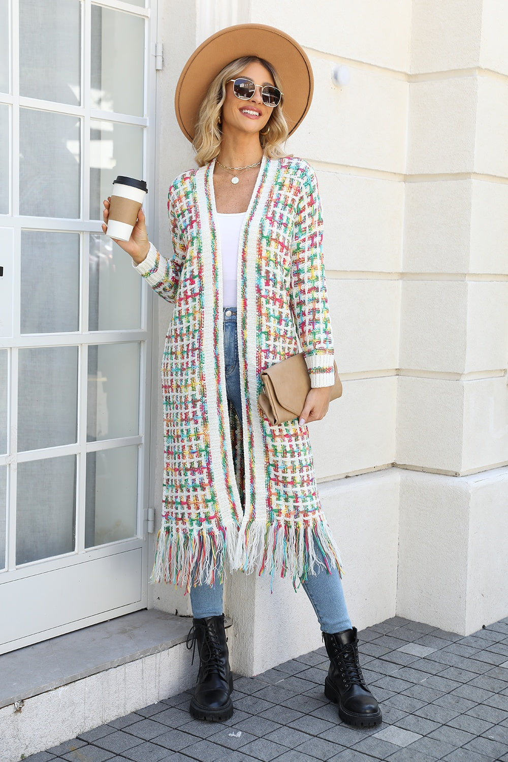 Multicolored Open Front Fringe Hem Cardigan-Angel Casuals