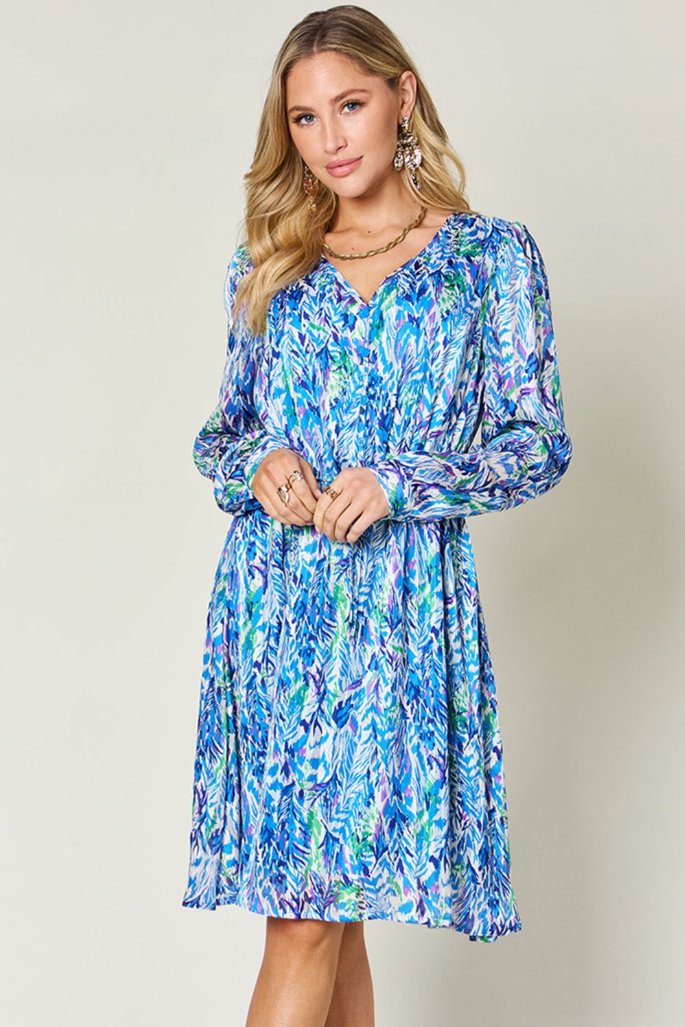 Double Take Full Size Printed Drawstring Waist Long Sleeve Dress-Angel Casuals