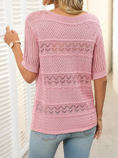 Mandy Openwork Round Neck Half Sleeve Knit Top-Angel Casuals