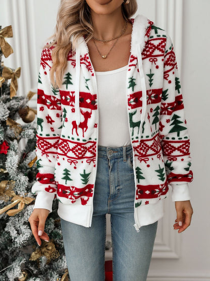 Drawstring Christmas Element Zip Up Hooded Jacket-Angel Casuals