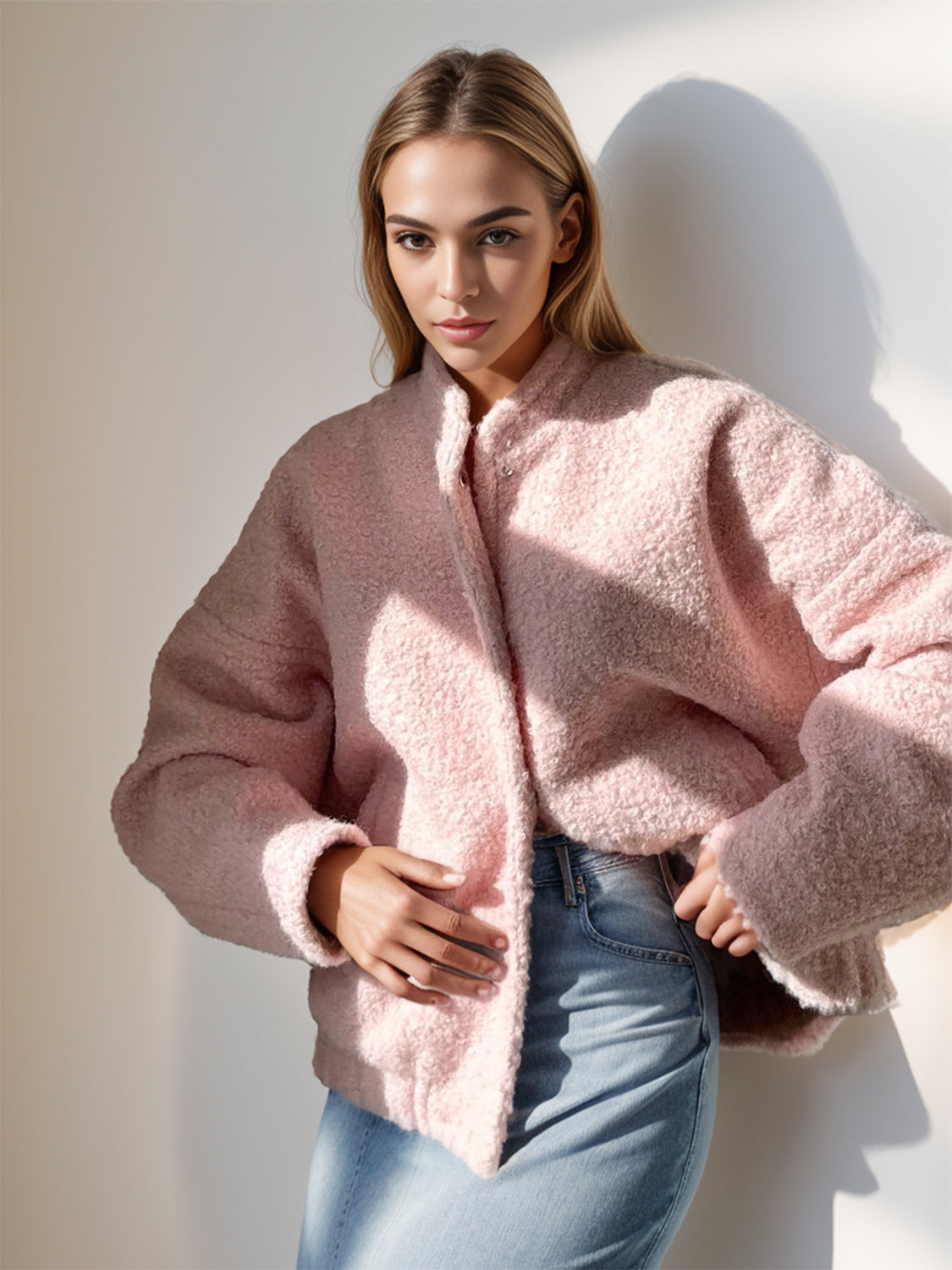 Double Take Plush Mock Neck Snap Down Jacket with Pockets-Angel Casuals