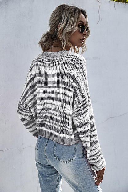 Perfee Striped Round Neck Dropped Shoulder Sweater-Angel Casuals