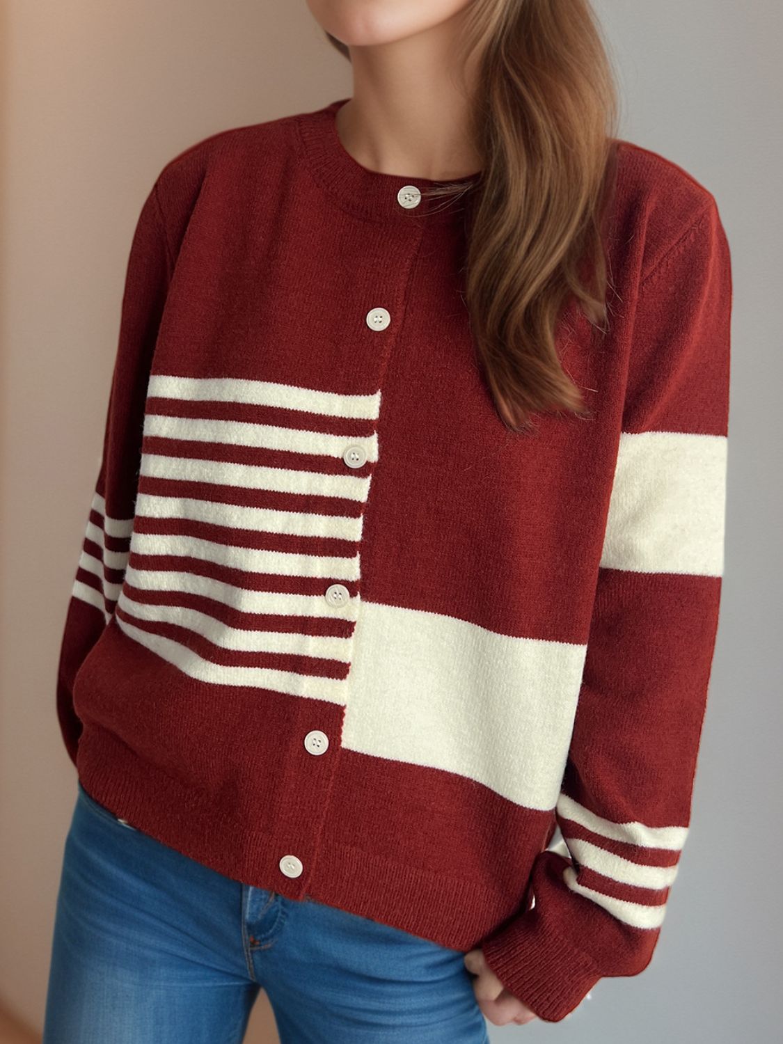 Striped Color Block Round Neck Cardigan-Angel Casuals