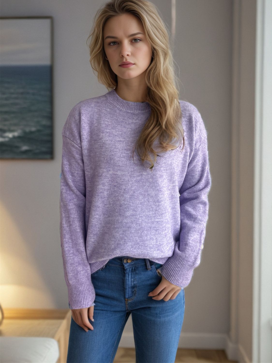 Round Neck Drop Shoulder Long Sleeve Sweater-Angel Casuals