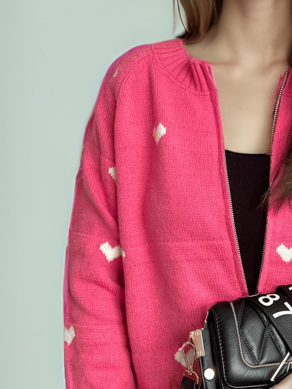 Heart Round Neck Zip Up Cardigan-Angel Casuals