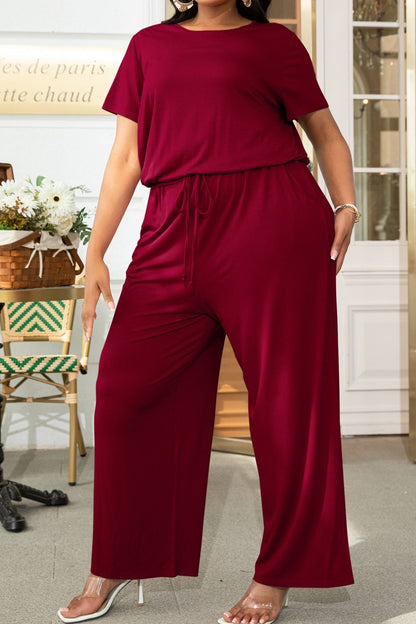 Plus Size Drawstring Waist Short Sleeve Jumpsuit-Angel Casuals