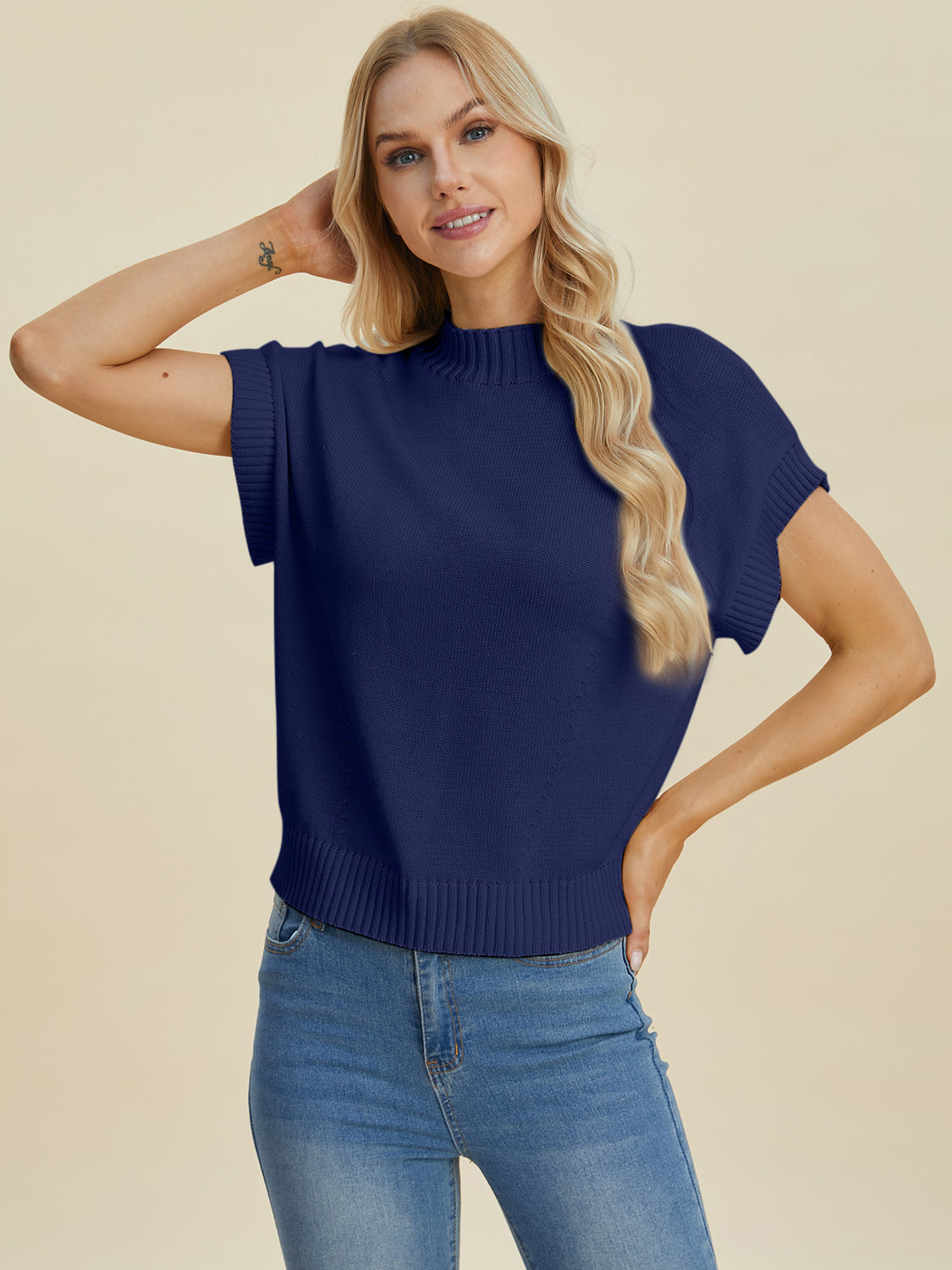 Double Take Full Size Mock Neck Short Sleeve Sweater-Angel Casuals