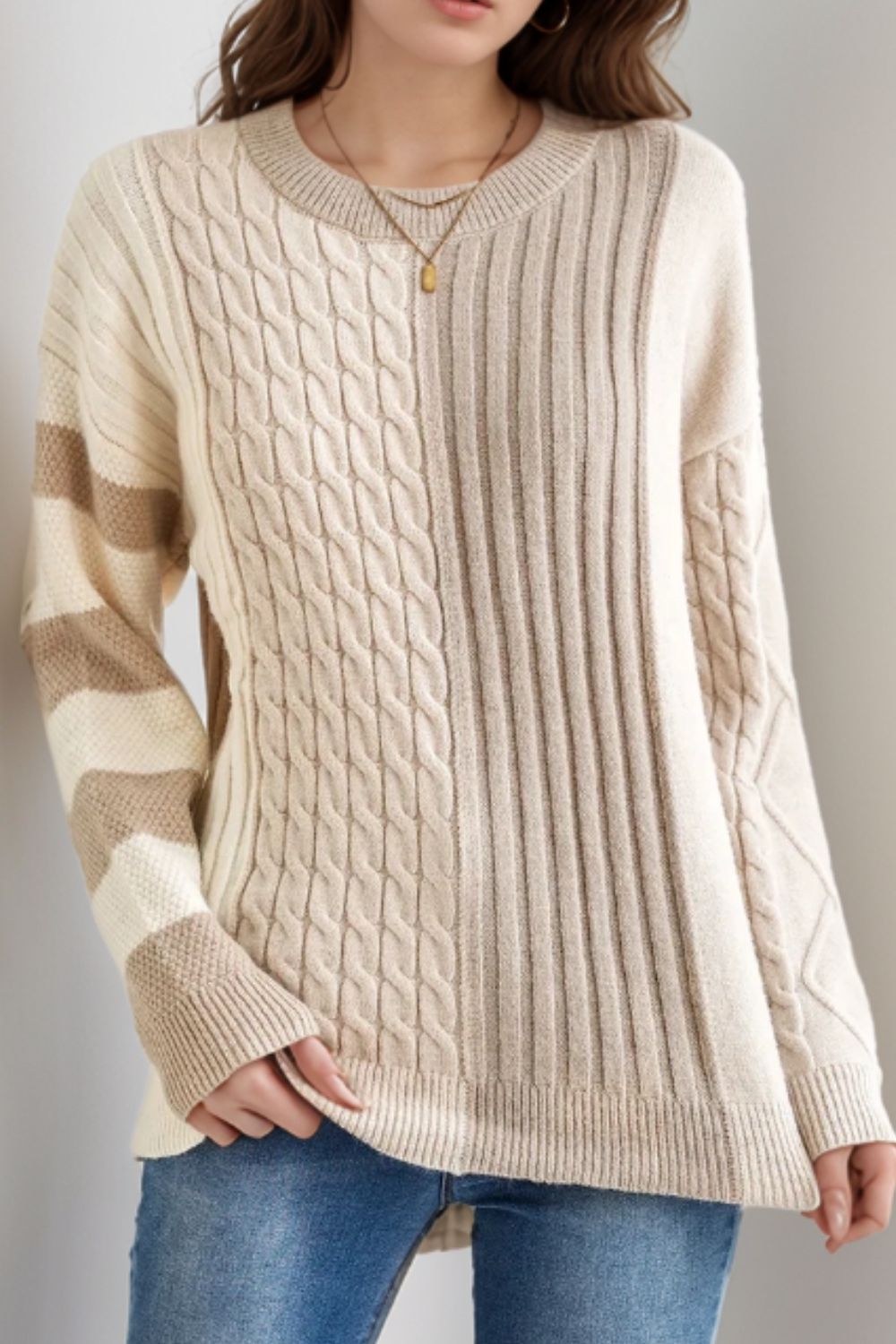 Cable-Knit Color Block Round Neck Sweater-Angel Casuals