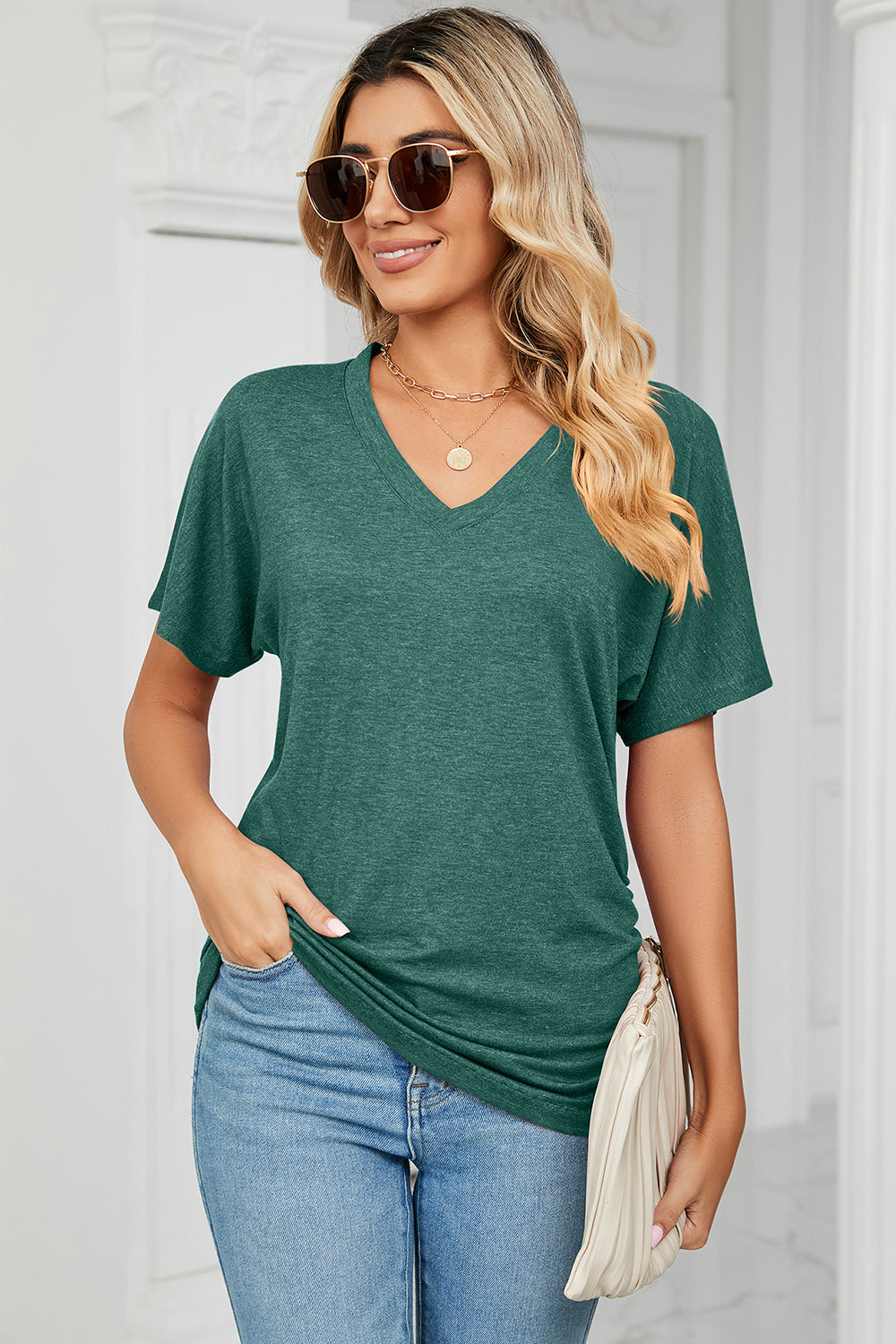 Ruched V-Neck Short Sleeve T-Shirt-Angel Casuals