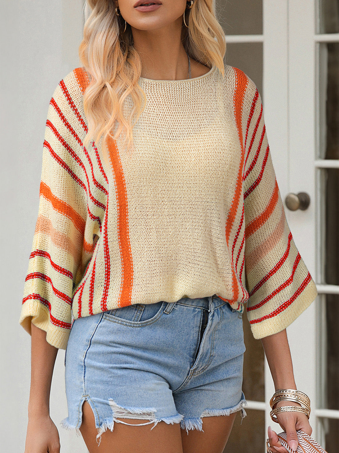 Striped Boat Neck Three-Quarter Sleeve Knit Top-Angel Casuals