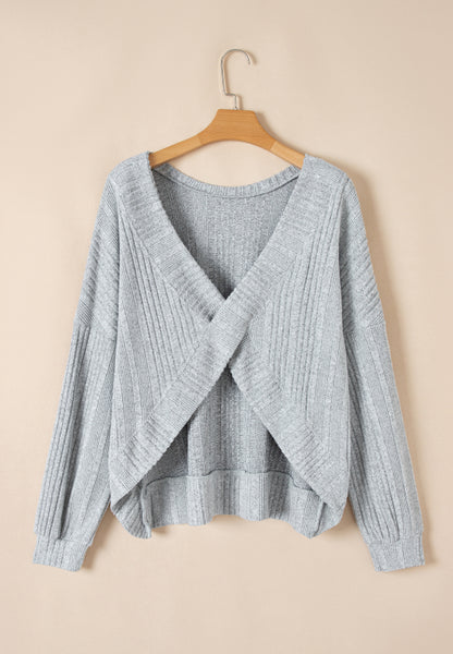 Crossover Backless Long Sleeve Knit Top-Angel Casuals