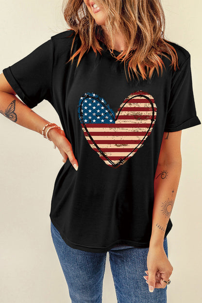 Stars and Stripes Heart Round Neck Short Sleeve T-Shirt-Angel Casuals