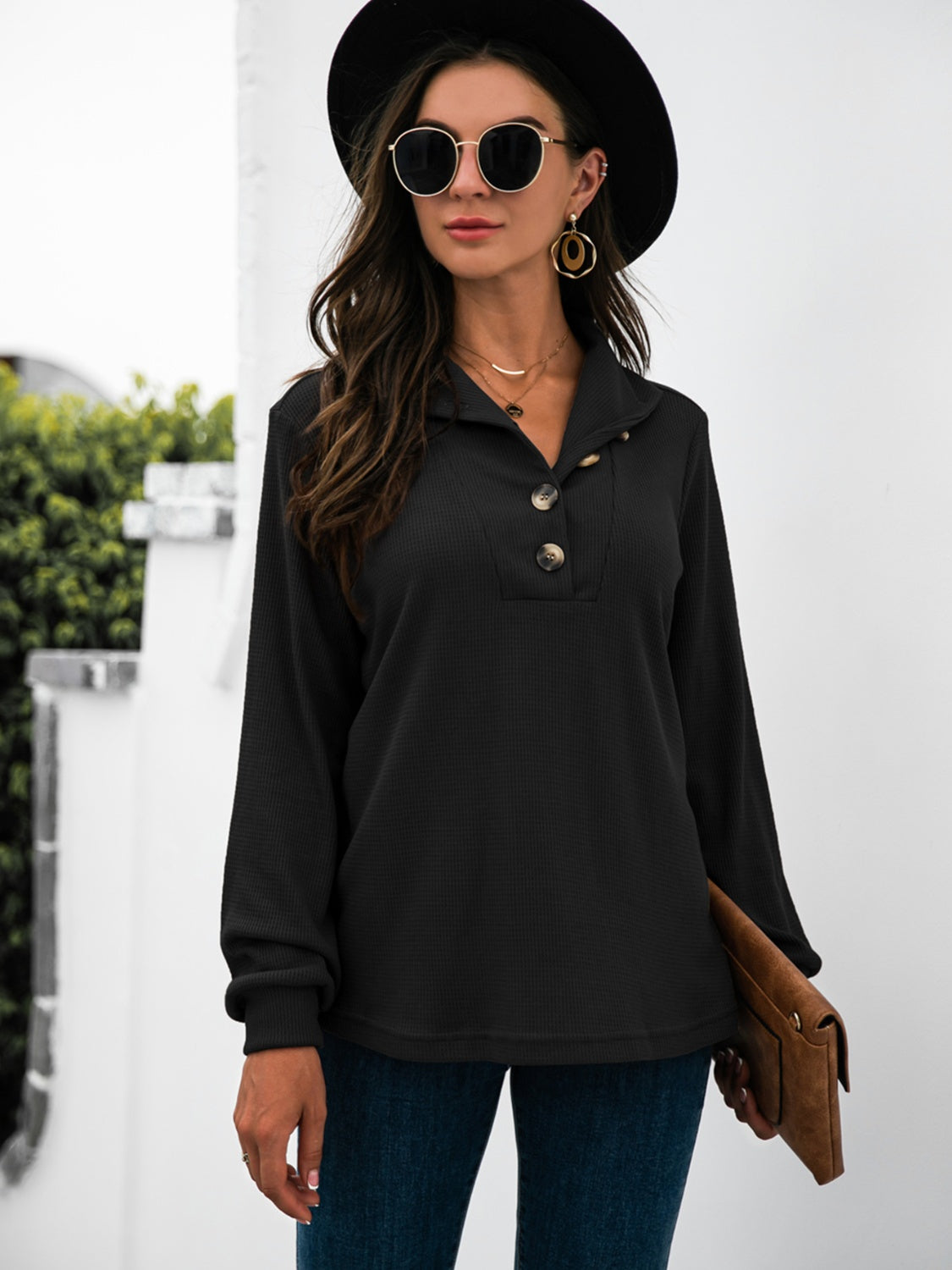 Half Button Long Sleeve T-Shirt-Angel Casuals