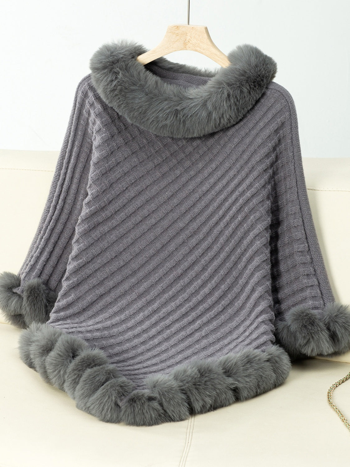 Fuzzy Trim Texture Three-Quarter Sleeve Poncho-Angel Casuals