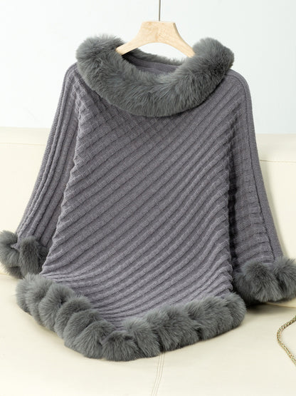 Fuzzy Trim Texture Three-Quarter Sleeve Poncho-Angel Casuals