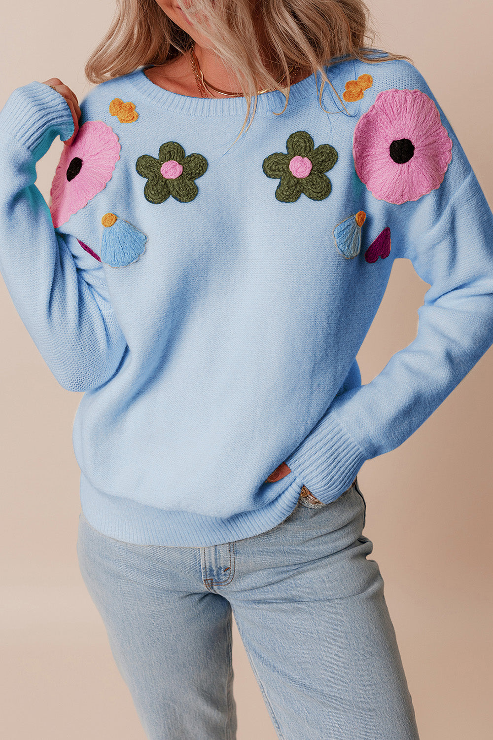 Crochet Flower Round Neck Dropped Shoulder Sweater-Angel Casuals