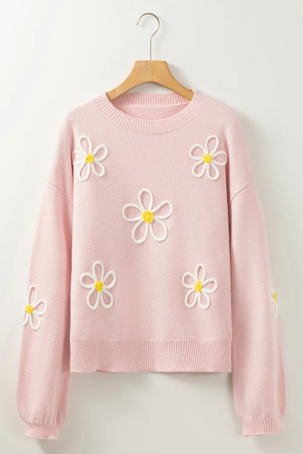 Flower Round Neck Dropped Shoulder Sweater-Angel Casuals