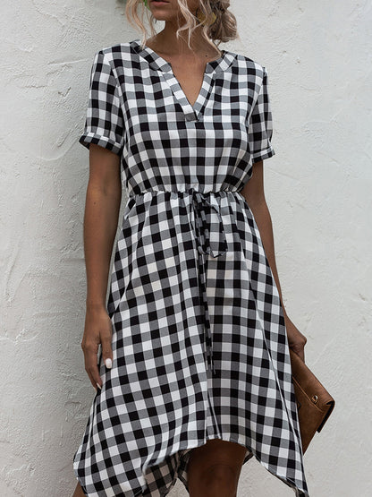 Plaid Notched Short Sleeve Dress-Angel Casuals