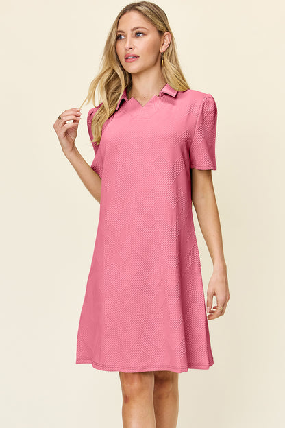 Double Take Full Size Texture Collared Neck Short Sleeve Dress-Angel Casuals