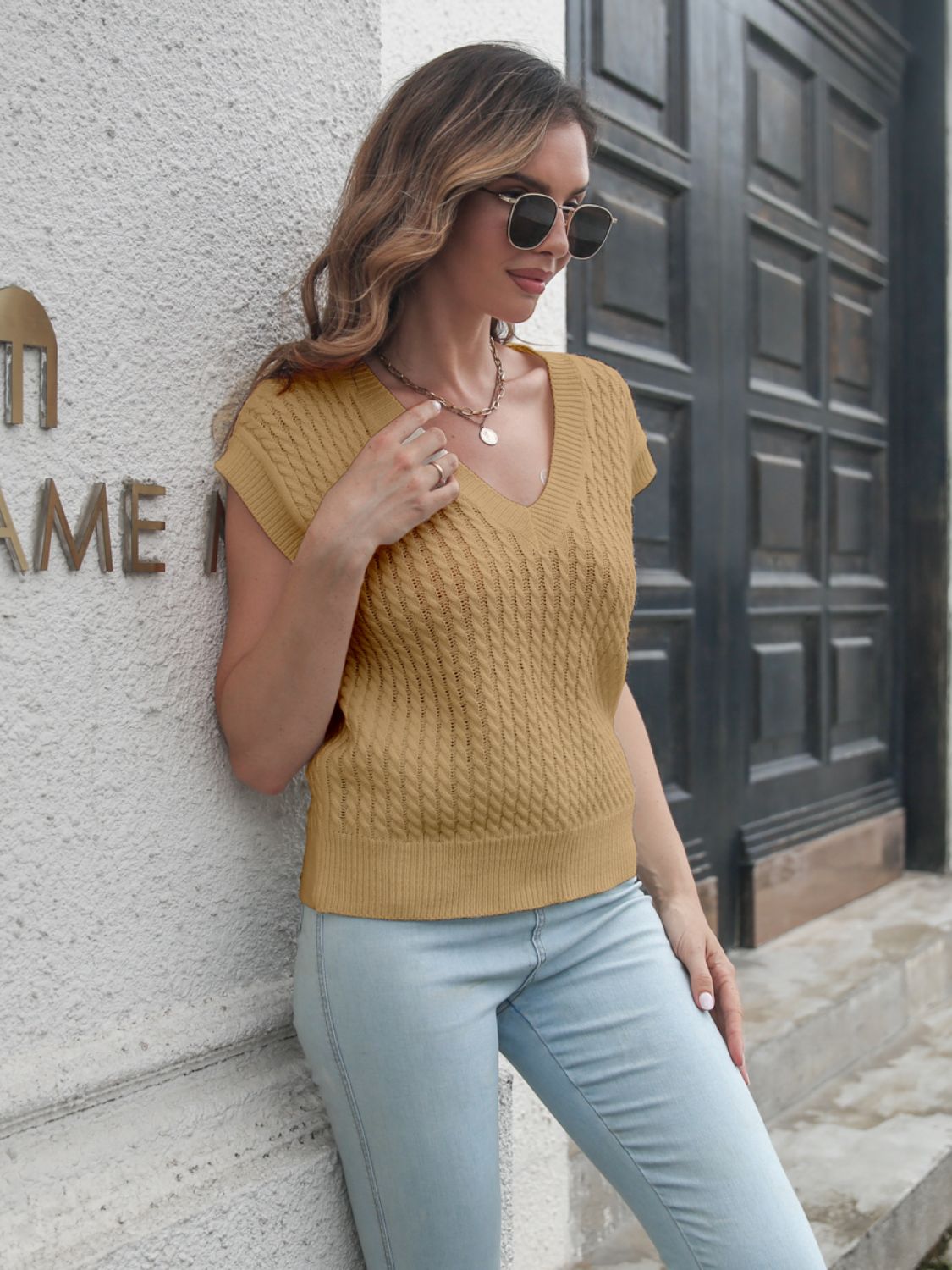 Cable-knit V-Neck Sweater Vest-Angel Casuals
