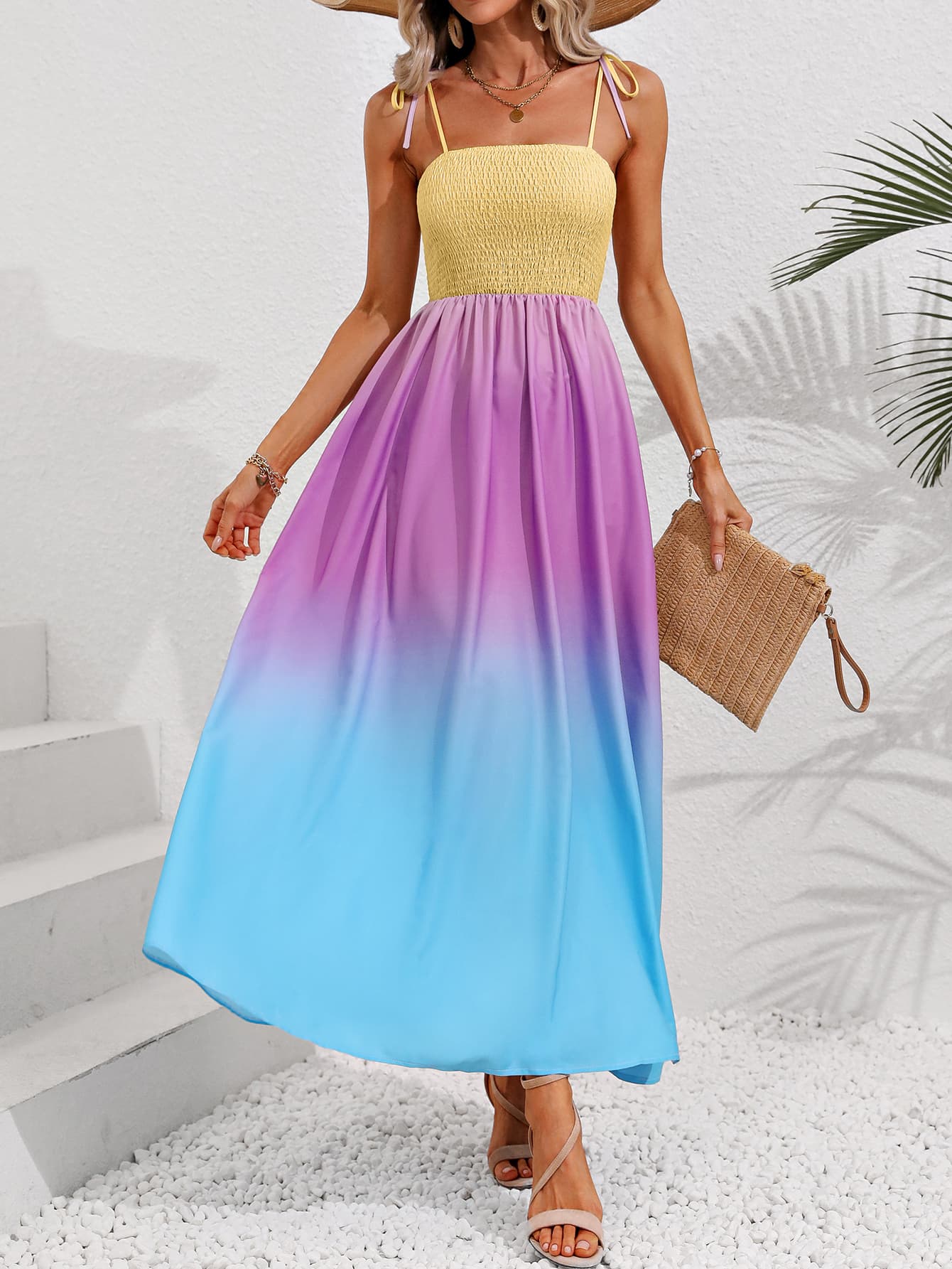 Color Block Tie Shoulder Smocked Maxi Dress-Angel Casuals