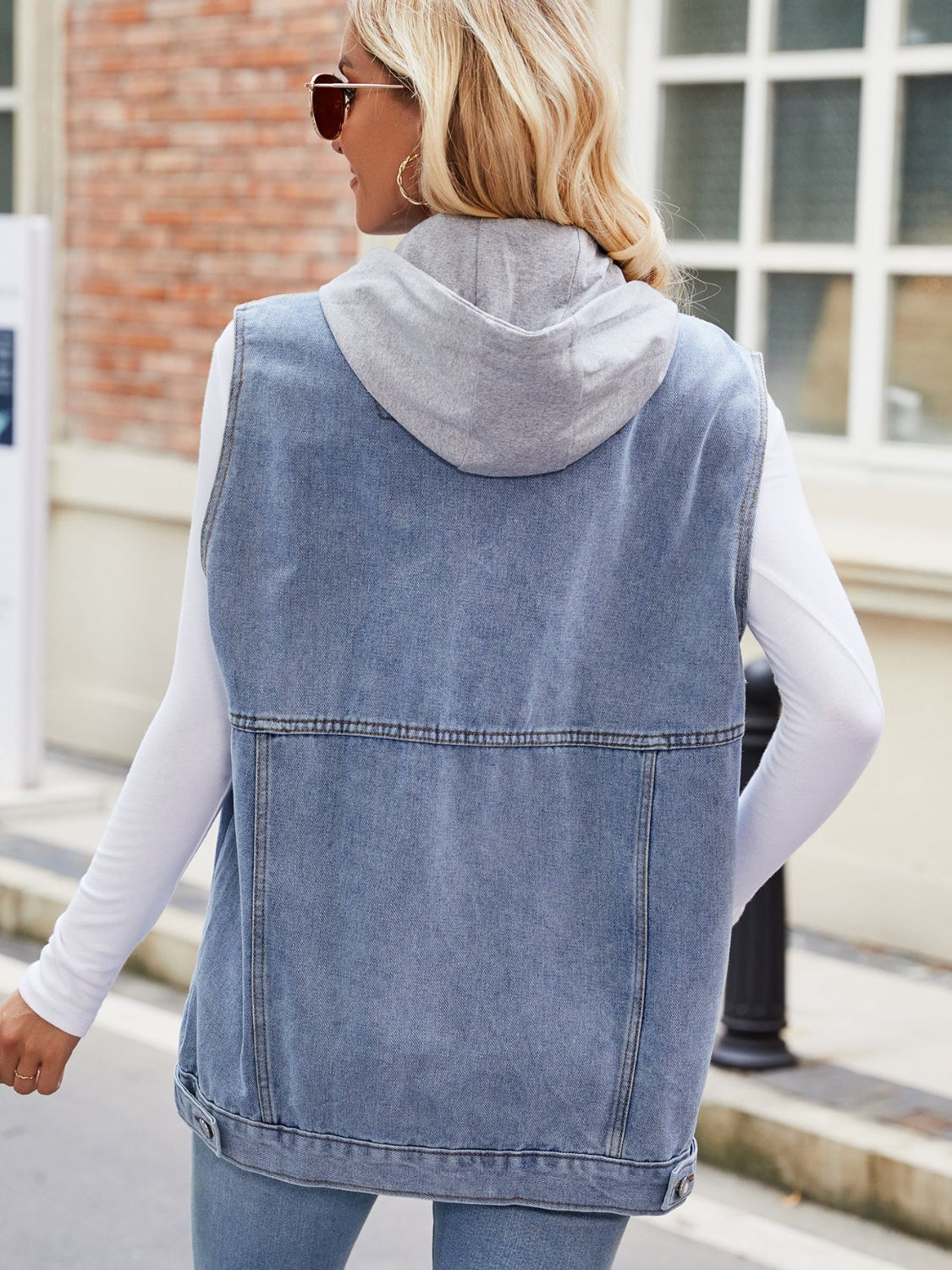 Drawstring Hooded Sleeveless Denim Jacket-Angel Casuals