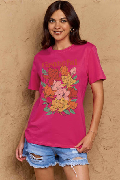 Simply Love Full Size GRATEFUL Flower Graphic Cotton T-Shirt-Angel Casuals