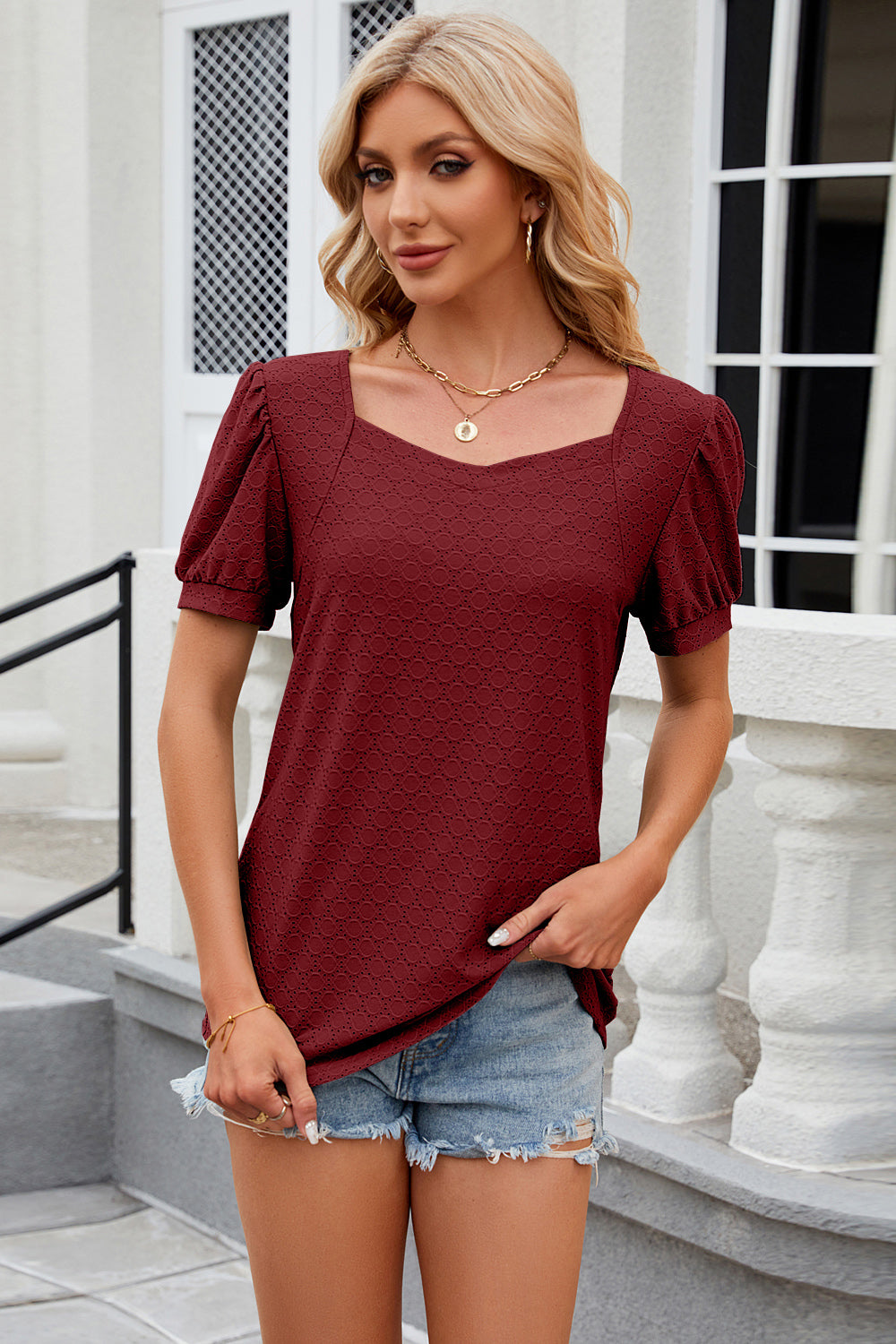 Eyelet Short Sleeve T-Shirt-Angel Casuals