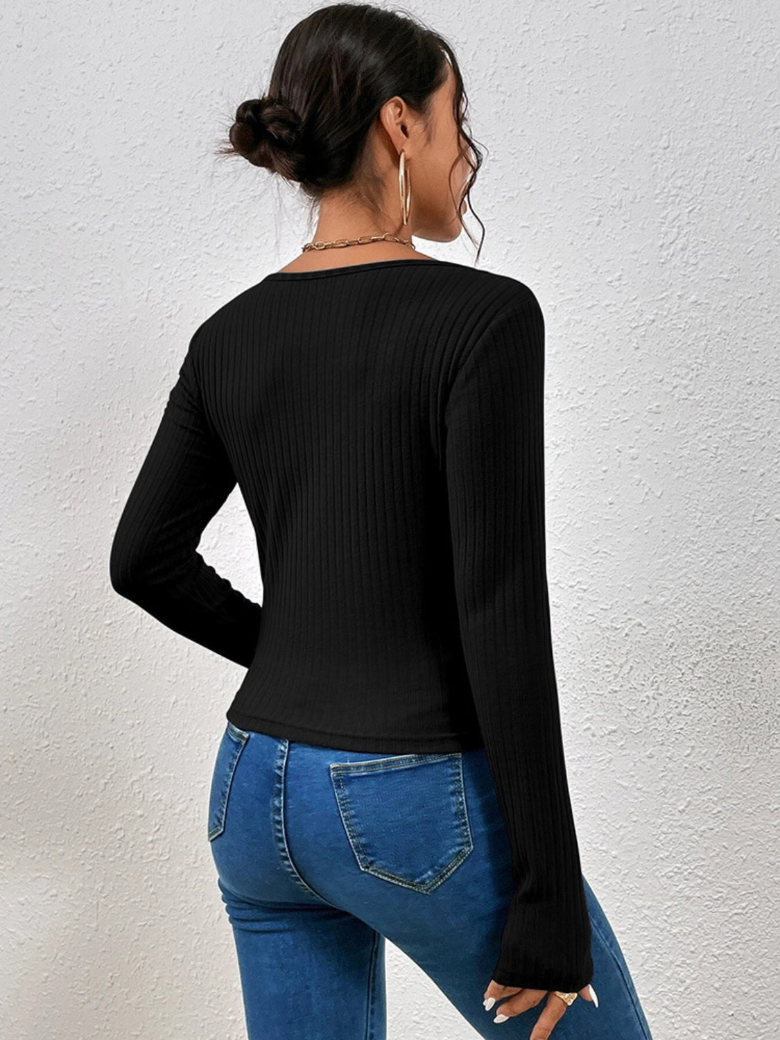 Ribbed Crisscross V-Neck Long Sleeve Knit Top-Angel Casuals