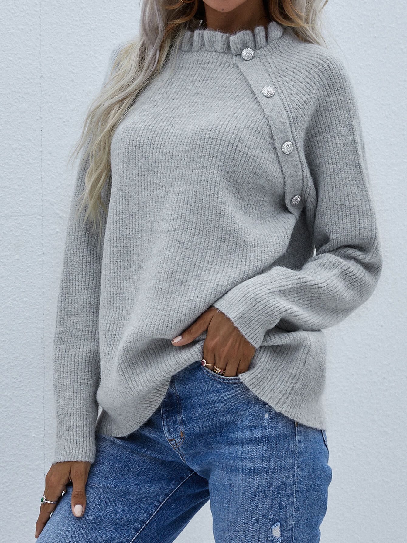 Button Detail Frill Neck Rib-Knit Sweater-Angel Casuals