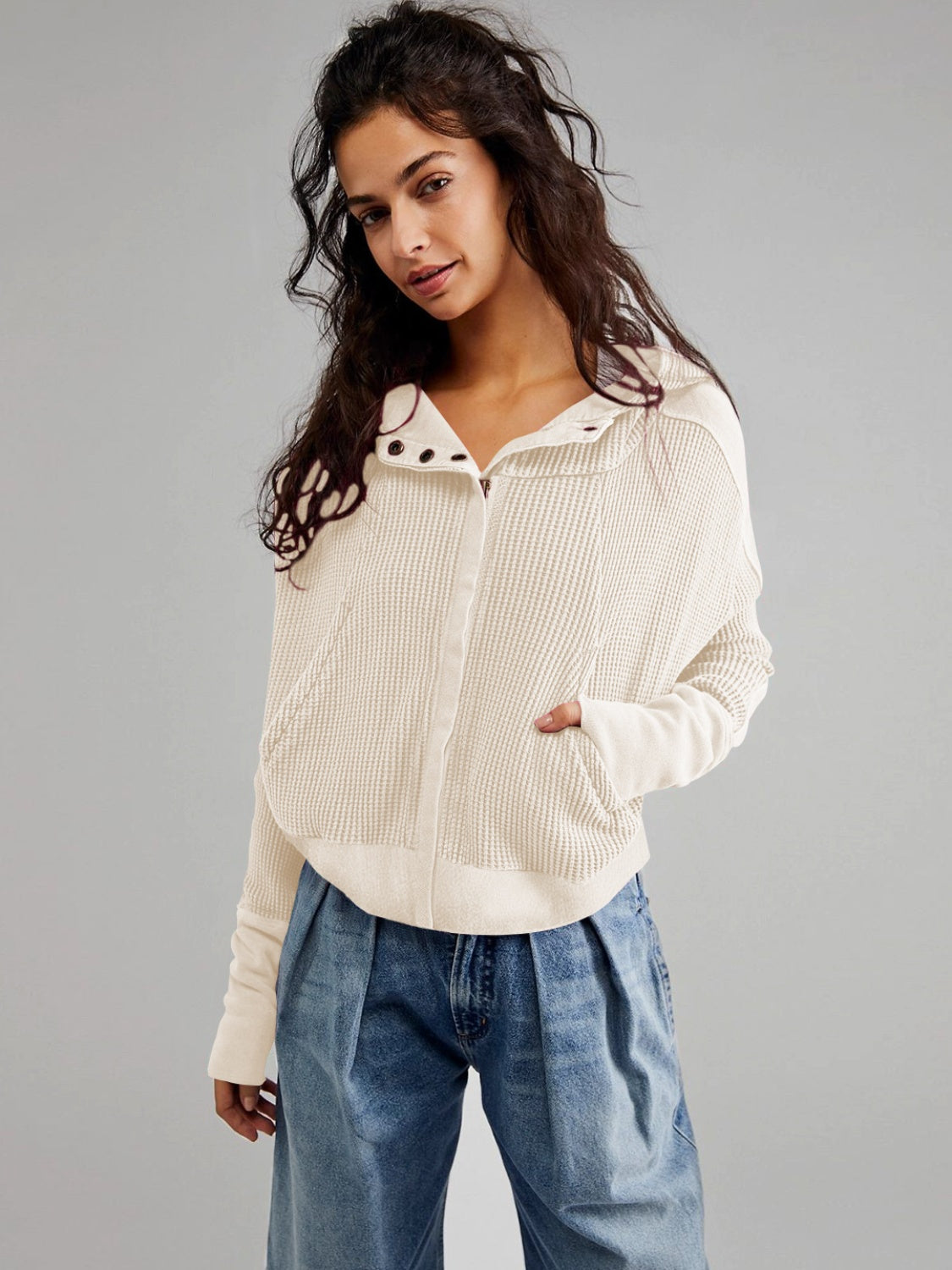 Waffle-Knit Dropped Shoulder Hooded Jacket-Angel Casuals
