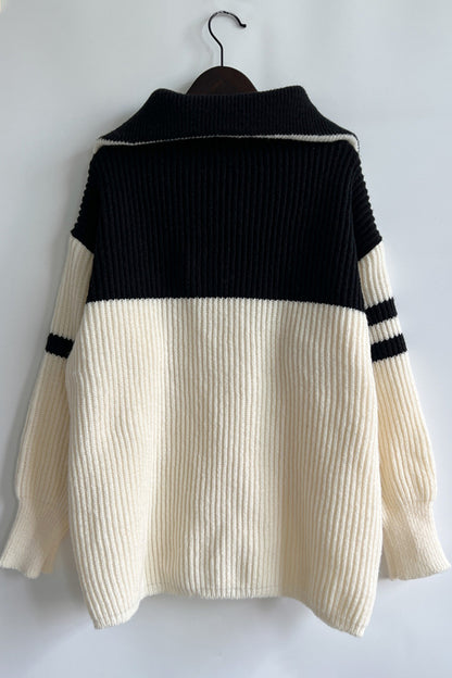 Quarter Zip Striped Dropped Shoulder Sweater-Angel Casuals