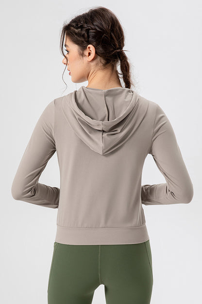 Drawstring Zip Up Hooded Active Outerwear-Angel Casuals