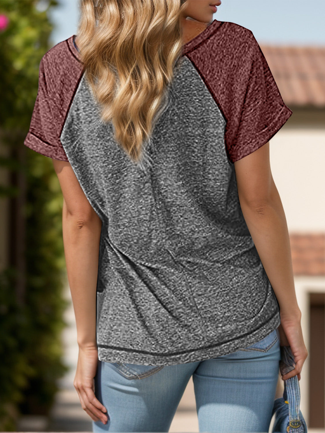 Contrast Notched Short Sleeve T-Shirt-Angel Casuals