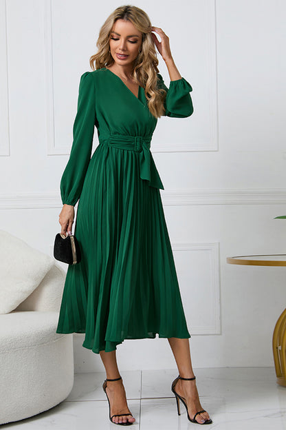 V-Neck Long Sleeve Tie Waist Midi Dress-Angel Casuals