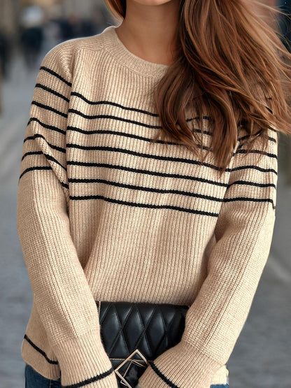 Striped Round Neck Long Sleeve Sweater-Angel Casuals