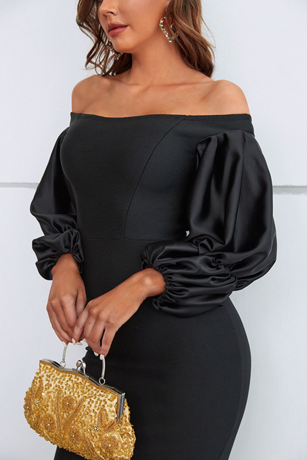 Off-Shoulder Bubble Sleeve Slit Dress-Angel Casuals