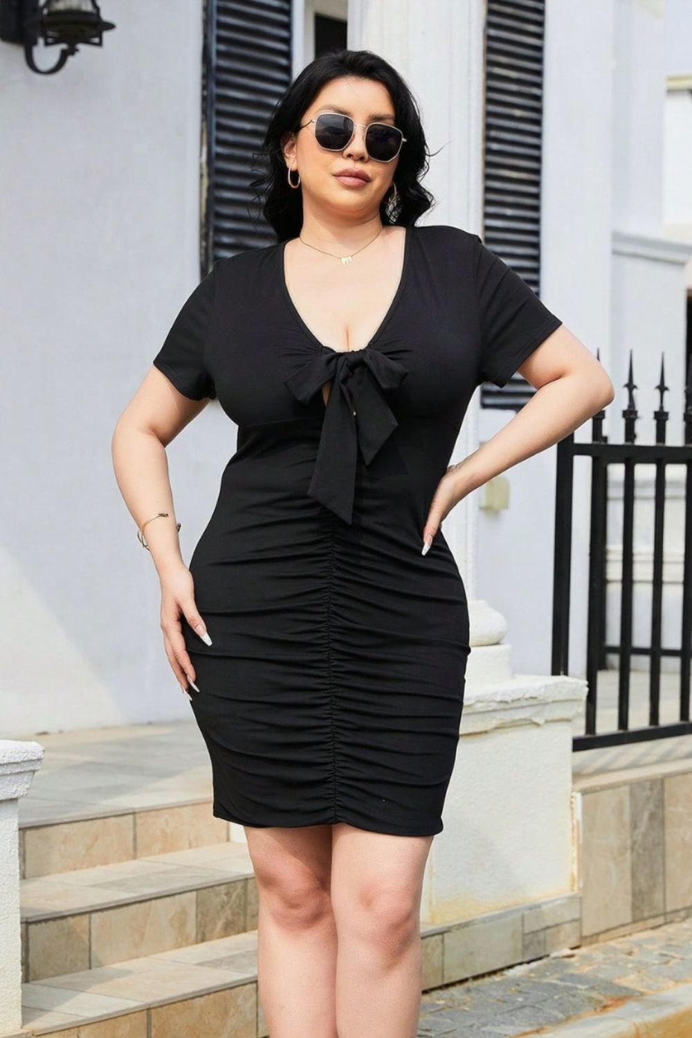 Plus Size Ruched Tied Short Sleeve Mini Dress-Angel Casuals