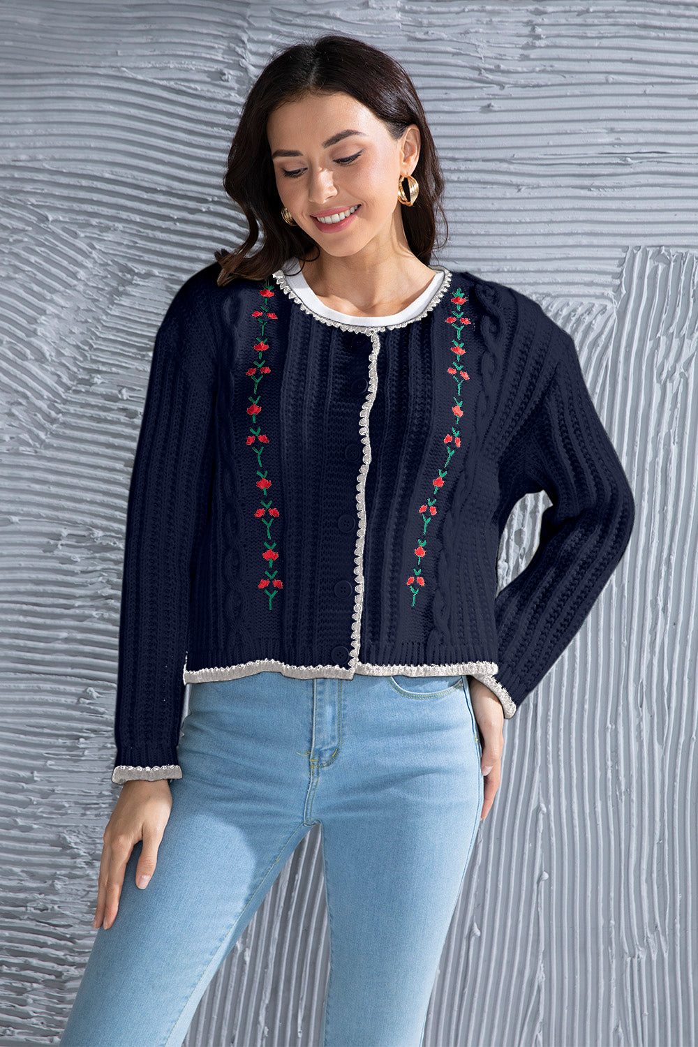 Graphic Cable-Knit Button Up Cardigan-Angel Casuals
