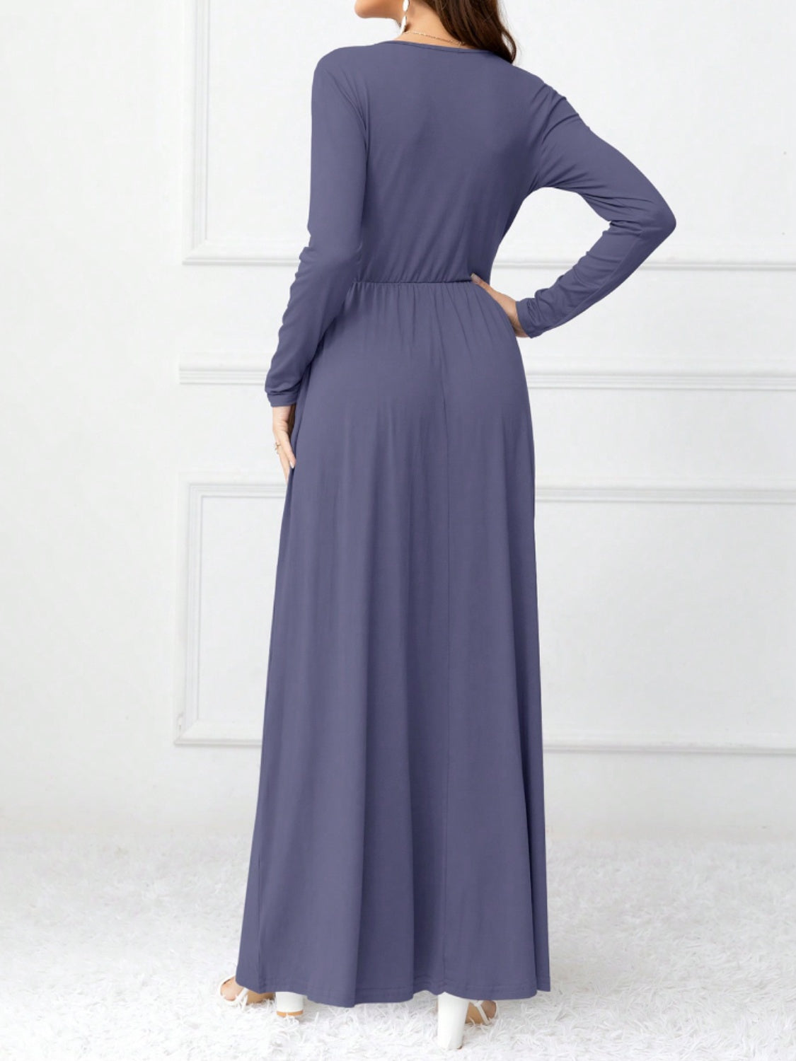 Pocketed Surplice Long Sleeve Maxi Dress-Angel Casuals