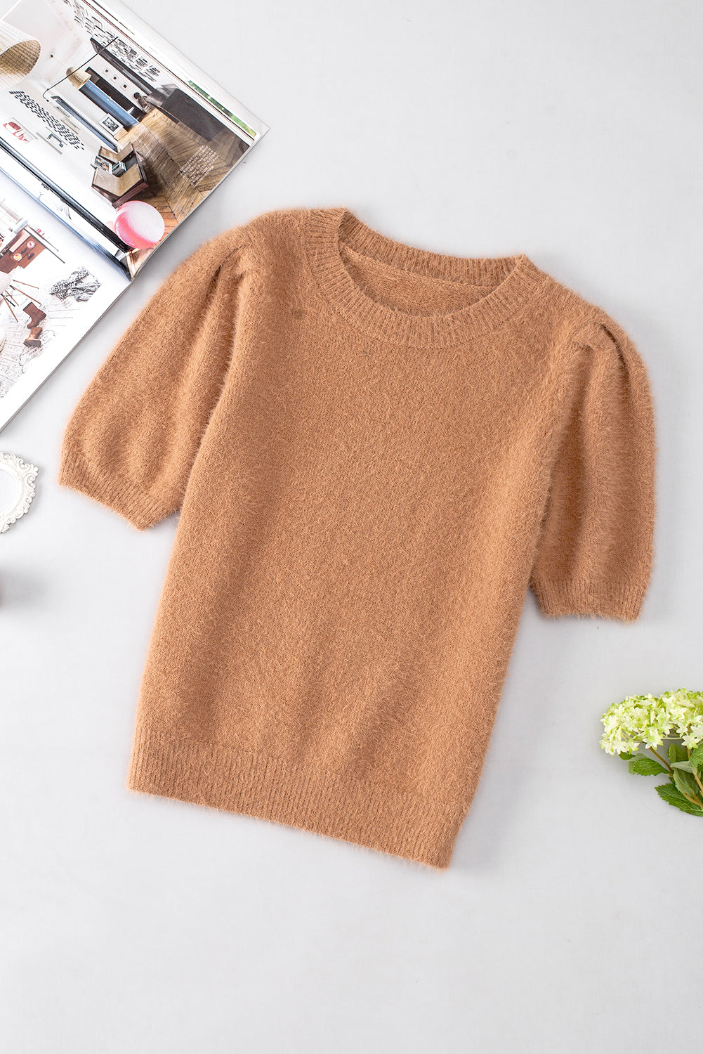 Fuzzy Round Neck Half Sleeve Sweater-Angel Casuals