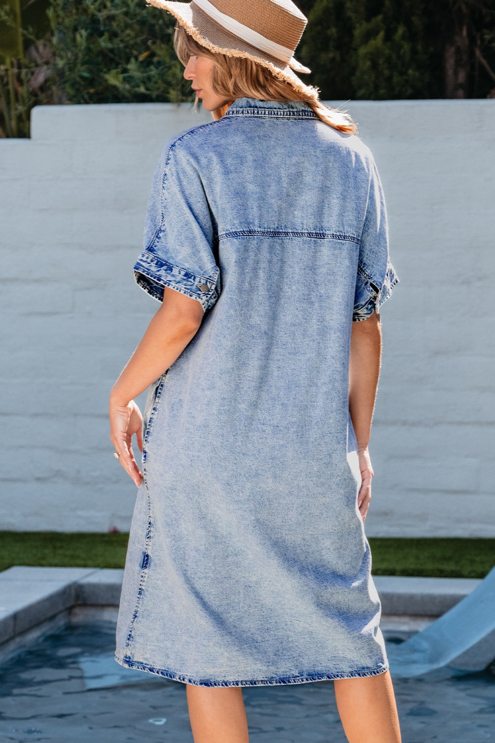 Pocketed Button Up Half Sleeve Denim Dress-Angel Casuals