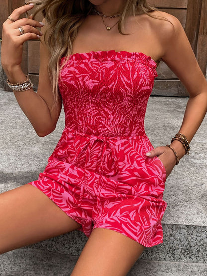 Smocked Printed Tube Romper with Pockets-Angel Casuals