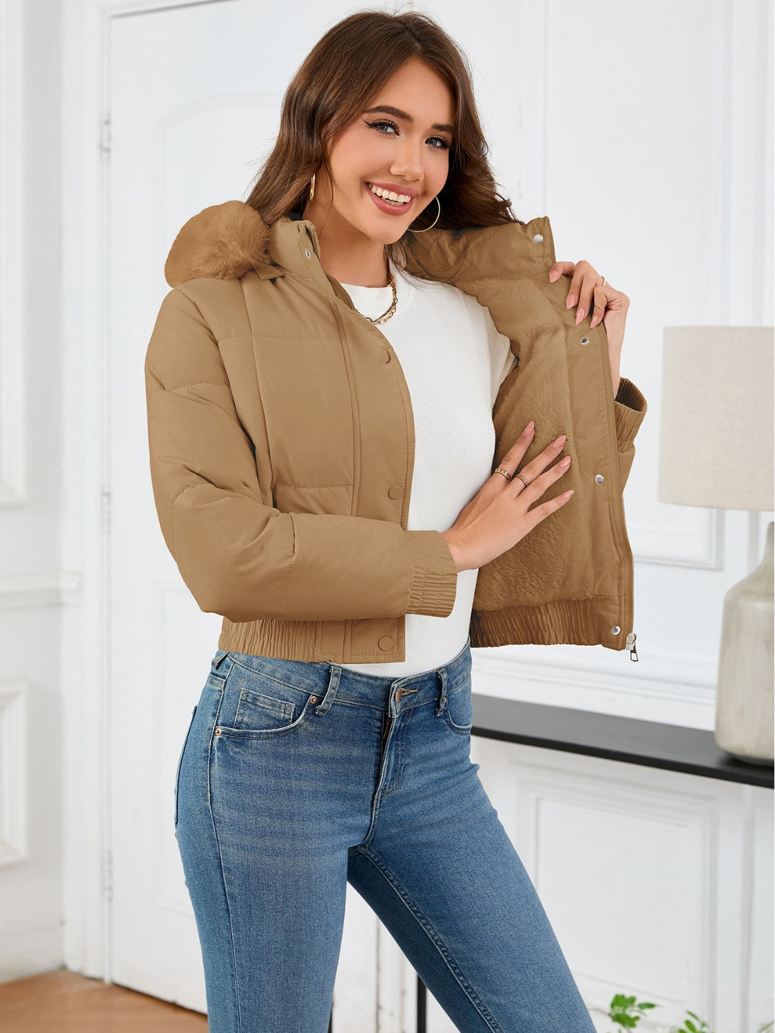 Pocketed Long Sleeve Cropped Hooded Winter Coat-Angel Casuals
