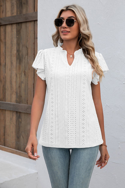 Eyelet Notched Neck Flutter Sleeve Top-Angel Casuals