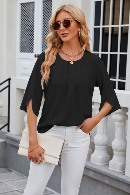 Round Neck Slit Half Sleeve Top-Angel Casuals